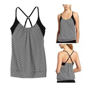ATHLETA Slash Stripe Blousy Tankini Top Black Stripe